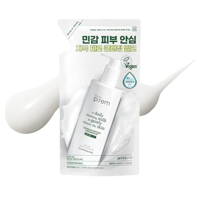 MAKE P:REM Safe Me. Relief Moisture Cleansing Milk, Hydrating Gentle Face Wash for Sensitive Skin with Soy Protein, Korean Milky Cleanser, Korean Skin Care, 3.38 fl.oz (100ml, Refill Pouch)