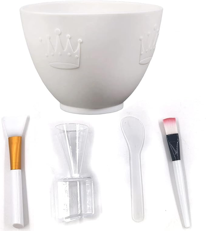 Silicone Face Mask Mixing Bowl Set, DIY Facemask Mixing Tool Kit with Silicone Mask Bowl, Facial Mask Brush, Bowl Stick Spatula, Face Mask Applicator, Measuring Cup (5 PCS&White)