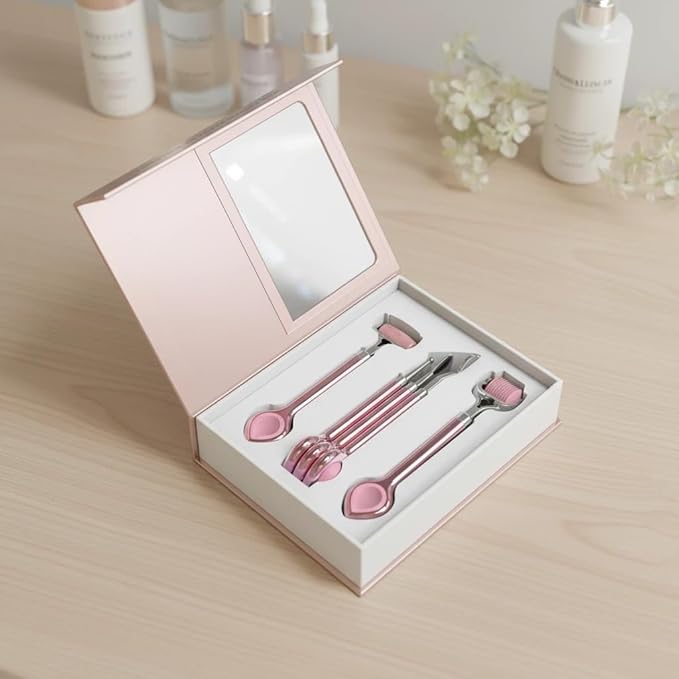 Natural Rose Quartz Facial Roller Set – Skincare Tools Kit with Gua Sha, Derma Roller & Exfoliating Wand – Cooling Face Massage for Refreshed Skin – Luxury Gift Box for Women