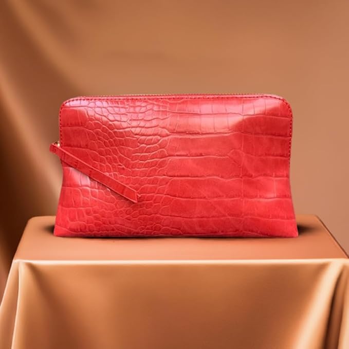 Crimson Rêve Crocodile Cosmetic Bag – Elegant Red Makeup Organizer with Vegan Premium Crocodile Texture, Travel-Ready, Spacious Design