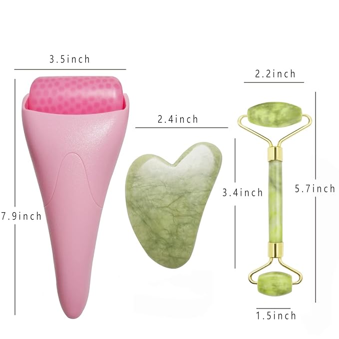 Chikoni 3 in 1 Ficial Face Ice Jade Roller and Gua Sha Tool, Natural Real Jade Anti-Wrinkle Face Eye Neck Massager Tool, Reduce Wrinkles, Puffiness, Migraine, Redness, Pain and Injury,Pink