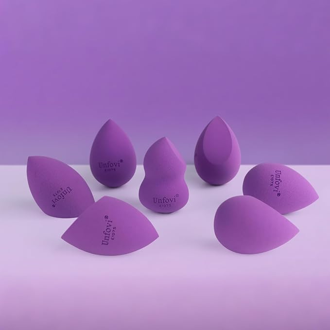 Makeup Sponge Set (4 Shapes 7 pcs) - Latex-Free Blending Sponge for Liquid, Cream & Powder, Soft Reusable Beauty Sponge for Wet/Dry Foundation Application, Face Foundation Blender (Purple)
