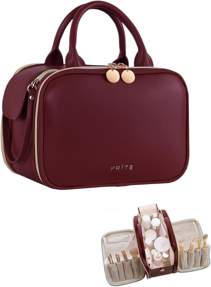 Prite Travel Makeup Bag Women’s Large Capacity Waterproof Cosmetic Organizer Portable Open Flat Toiletry Case with Free-standing Brush Holder and Handle(Burgundy Large)