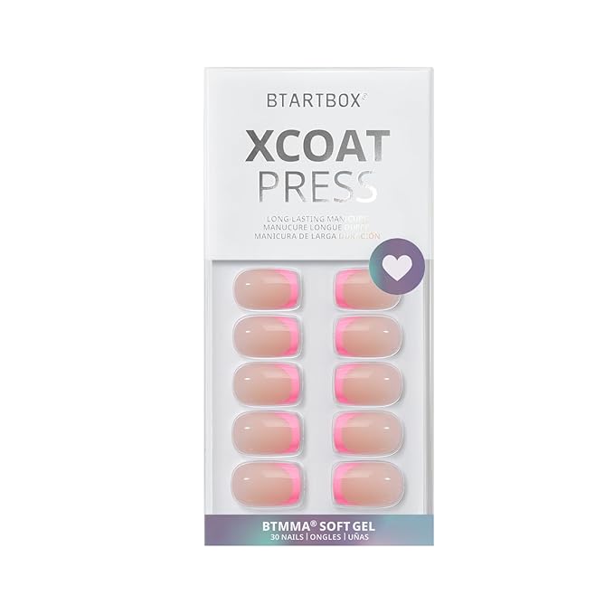 BTArtbox French Tip Press On Nails - Press on Nails Square, Pink Glue On Nails, Fit Perfectly & Natural Reusable Stick On Nails in 15 Sizes, 30 Pcs Soft Gel Kit, Dolce Pink
