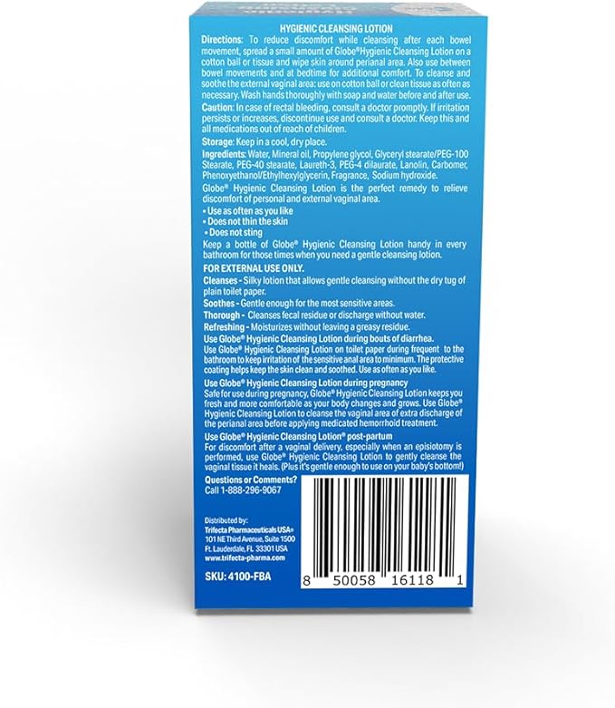 Globe Hygienic Cleansing Lotion for Men and Women, Discomfort, Pain & Itch Relief for Sensitive Areas, Cooling, Non-Irritating & Non-Drying Gentle Personal Care Cleanser, Travel Must Have,3 oz Bottle