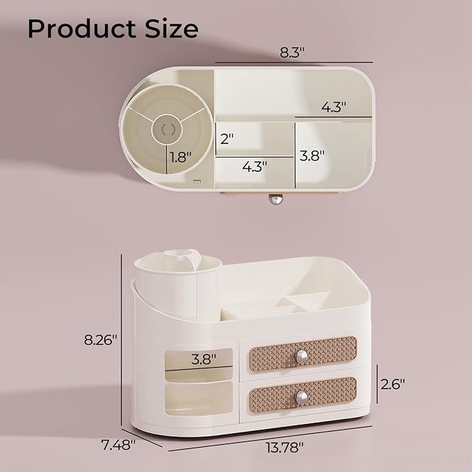 UFORU Makeup Organizer with Rotating Brush Holder, Bathroom Countertop Organizer with 2 Drawers, Easy to Store Hair Brush, Lipsticks, Perfumes, Skincare, Beige