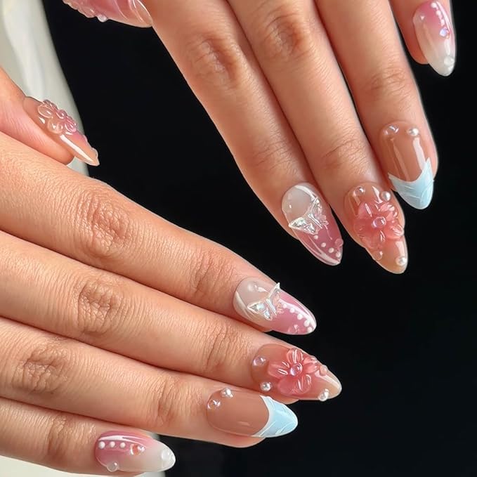 Small size Press On Nails - Luxury Almond 3D False Nails Women Reusable ABS Material Finger Printed Nail Tip French Salon Design-S size