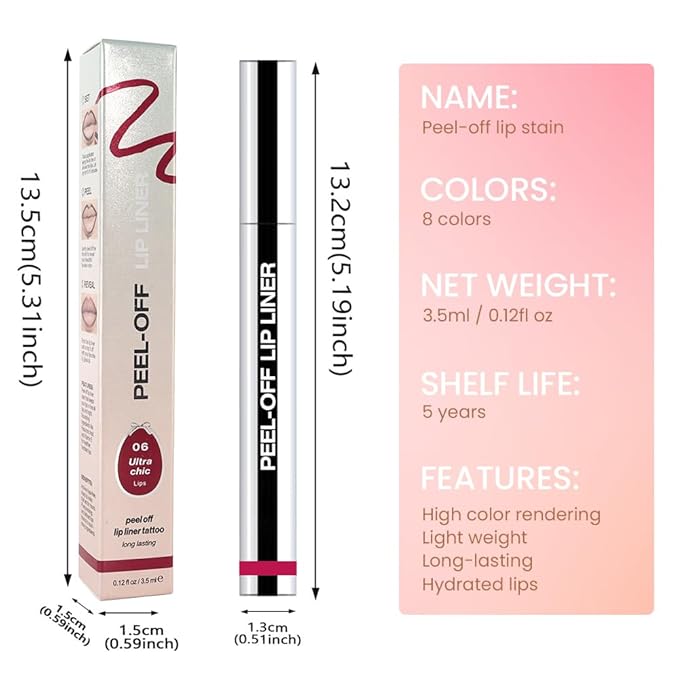 JUAAZIN Matte Lip Stain Peel Off Lip liner with Tweezer, Pinkish Red Peel Off Lip Stain, Long Lasting Waterproof Lipstick Lip Gloss Tattoo, Transfer-proof for All Skin Types, 0.12 fl oz 06#