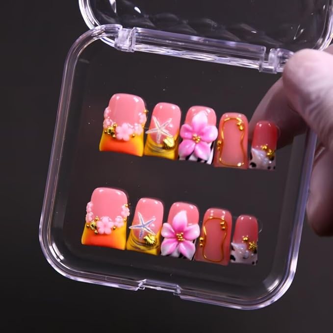 MAGLFELL Press On Nails, 10 Pcs Handmade French Duckbill Fake Nails, Reusable Artificial Cute Short False Nails for Women 3D Acrylic Nails Kit (Size L)