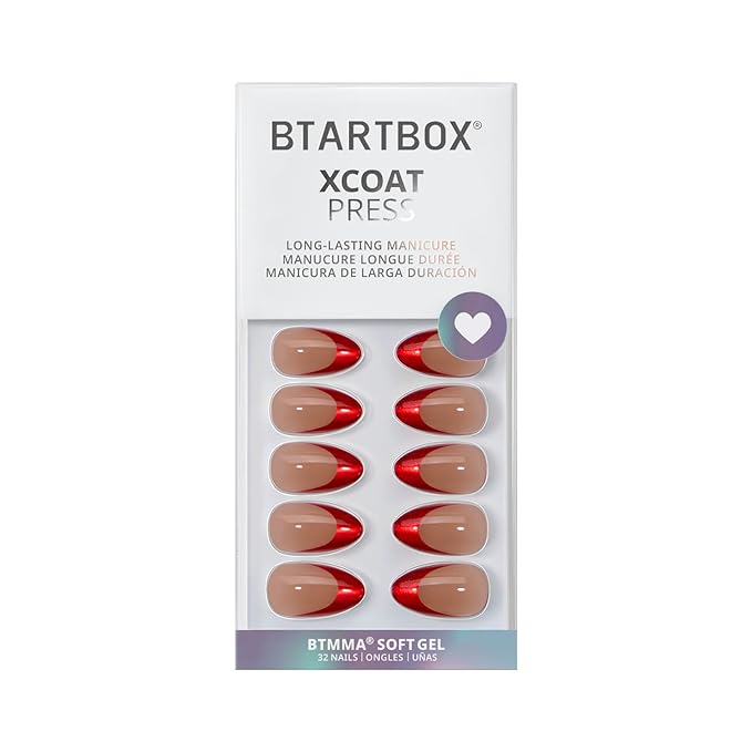 BTArtbox French Tip Press On Nails - Ruby Slipper, Lamp-Curable Red Cat Eye Short Almond Press On Nails with Glue and Adhesive Tabs for Women in 16 Sizes - 32 Soft Gel Glue On Nails Kit