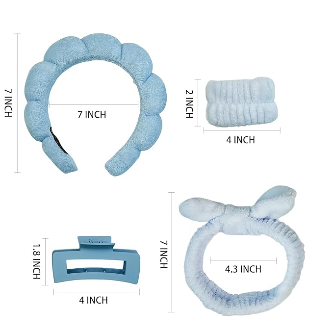 Yaqulen 7 Pcs Spa Set, Facial Headband and Wristband Set, Skincare Accessories, College Style Girl Idea Gifts, Hair Accessories for Women and Girls (Blue)