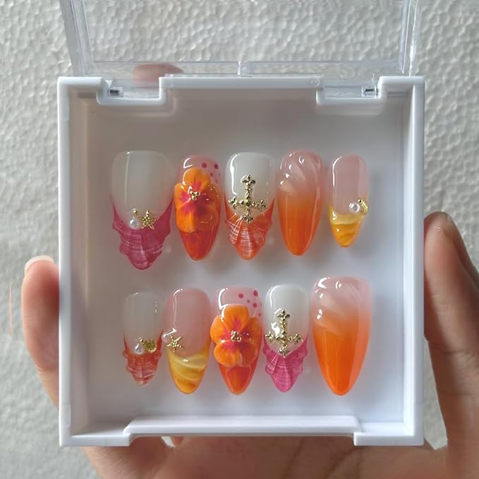 MAGLFELL Press On Nails Medium Almond Nails, Handmade 3D Design Fake Nails with Thick Acrylic Multi-Layer Gel Nails, Reusable Durable DIY Artificial Nails for Women (10 Pieces)