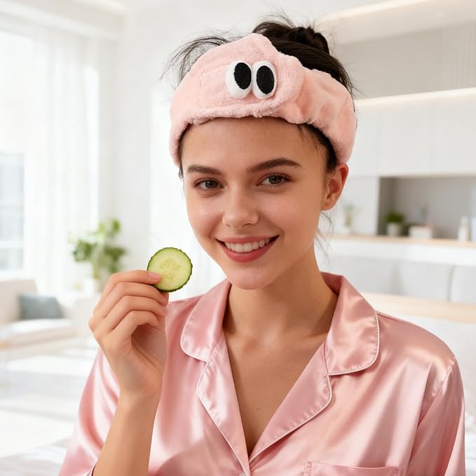 PERFECTSIGHT 2 Pack Cute Animal Headbands for Makeup Wash Shower Adjustable Elastic Hair Band for Girls and Women (Yellow+Pink Eye)