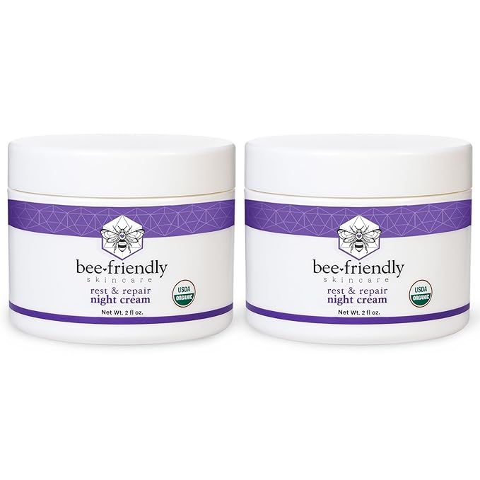 BeeFriendly Organic Night Cream, USDA Certified Organic, Deep Hydrating & Moisturizing Night Time Eye, Face, Neck & Decollete Cream for Women and Men, Anti Aging, Anti Wrinkle 4 oz (2 Jars in box)
