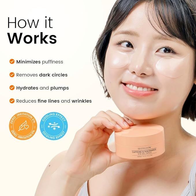 SEONGLOW Caffeine Under Eye Patches: 30 Pairs Korean Hydrogel Eye Masks for Dark Circles Puffiness Relief with Niacinamide Hyaluronic Acid - Undereye Brightening Hydrating Anti-Wrinkle Treatment