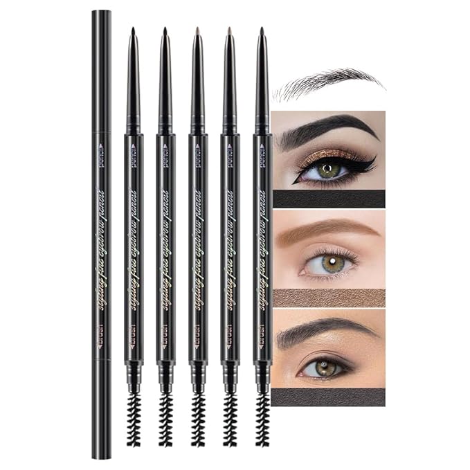 5 Pcs Dual-Sided Auto-rotate Ultra-Fine Tip Eye Brow Pencils Pack,Draws Tiny Brow Hairs, Defines, Fills Brows, Shapes, Contours, Combs, 1mm Pen Point (2*Black+2*Light brown+Gray)