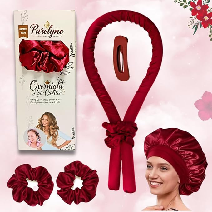 PURELYNE Heatless Hair Curler | 5PC No Heat Curling Rod Headband | With Satin Bonnet, Curler, 2 Scrunchies & Claw Clip Set | Curl Kit for Women & Girls (Wine Red, Medium)