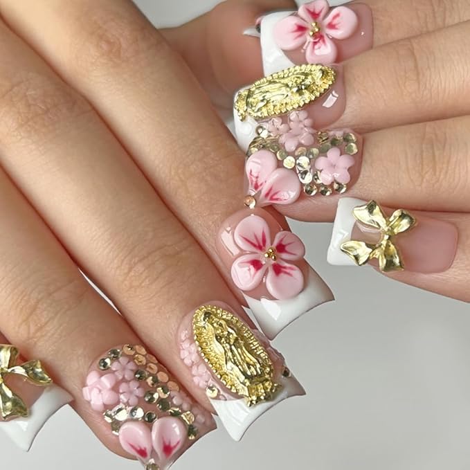 Press On Nails Handmade Short Duck Nails, Glossy Art Designs Reusable Acrylic Artificial Stick On Nails, 10 Pcs False Nails Set (Size L)