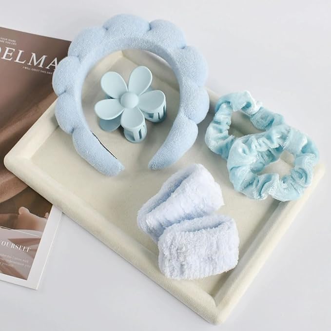 BluOcnMkt 6PCS Skincare Headband Set Blue Spa Makeup Headbands for Women, Large Flower Hair Clip, Velvet Hair Scrunchies
