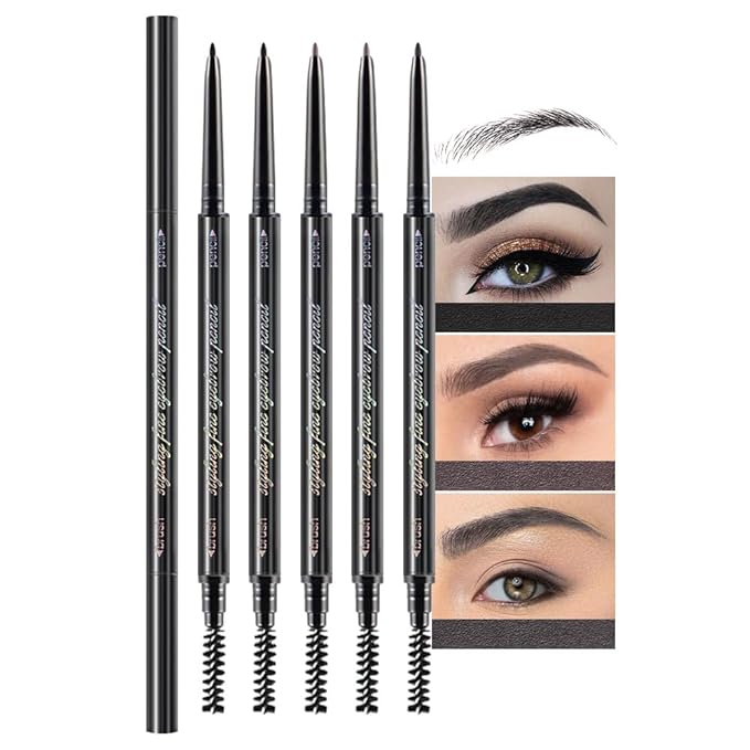 5 Pcs Dual-Sided Auto-rotate Ultra-Fine Tip Eye Brow Pencils Pack, Draws Tiny Precise Brow Makeup, Hairs, Defines, Fills Brows, Shapes, Contours, Combs, 1mm Pen Point (2*Black+2*Milk tea+Gray)