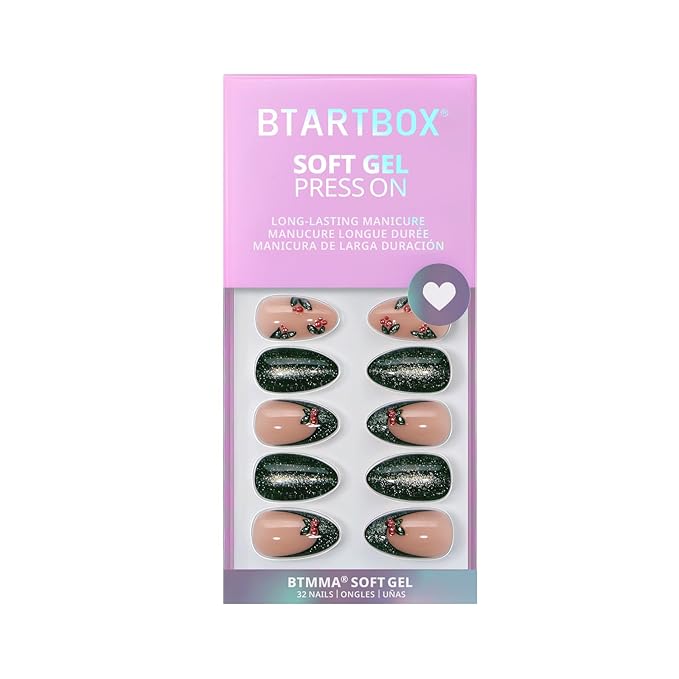 BTArtbox Press On Nails Almond - Holly Hypnotic, 3D Cheey Short Glitter French Tip Christmas Press On Nails with Glue and Adhesive Tabs for Women in 16 Sizes - 32 Soft Gel Glue On Nails Kit
