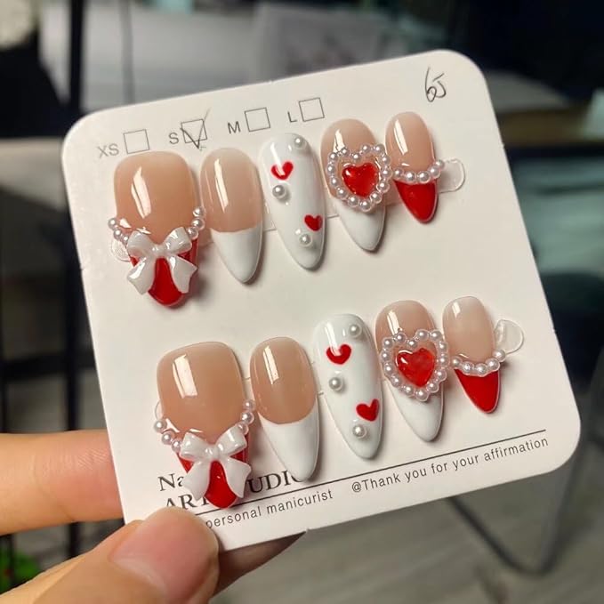 Press On Nails Medium Almond Shape - 3D Handmade Acrylic Gel Fake Nails with Glitter Designs, Reusable Thick Almond Nails for Women DIY Manicure Kit (10PCS, L Size, Easy Application)