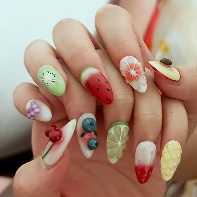 MAGLFELL Press On Nails - Medium Length Almond Handmade Unique Fake Nails, Artistic Design, Thick Acrylic and Muti-Layer Gel False Nails (Size S)