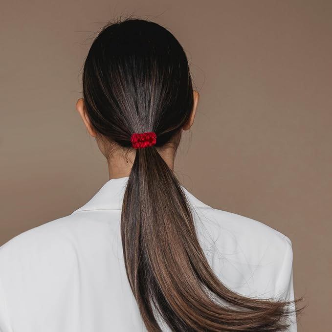 VLOMOT 3 Pcs Set 100% Pure Mulberry Silk Hair Scrunchies Hair Ties with 3 Chic Colors Everyday Skinny Scrunchies Silk Ponytail Holders Hair Care No Damage (Red)