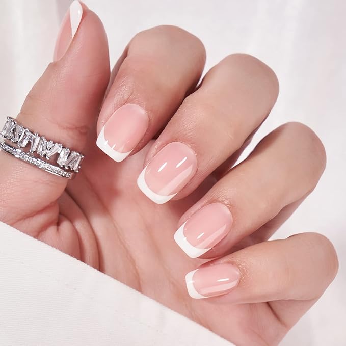BTArtbox French Tip Press on Nails - Gel Press on Nails Short, No Fade Out Fake Nails with Nail Glue, Seamless Fit Glue on Nails in 15 Sizes Nail Kit for Wedding, Classic White