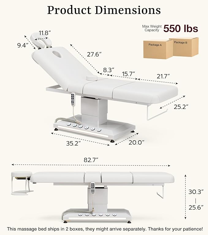 Icoget Professional Full Electric Spa Massage Treatment Table, Medical Bed with Independent Leg Adjustment, Facial Bed with Face Cradle for Beauty, White