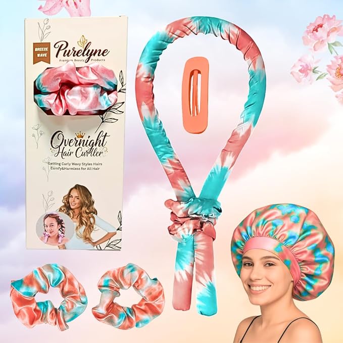 PURELYNE Heatless Hair Curler | 5PC No Heat Curling Rod Headband | With Satin Bonnet, Curler, 2 Scrunchies & Claw Clip Set | Curl Kit for Women & Girls (Cotton Candy, Medium)