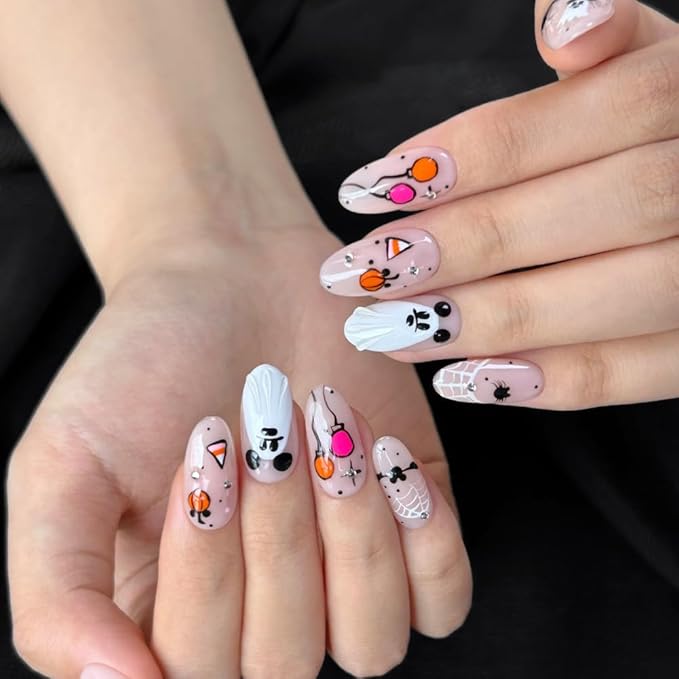 MAGLFELL Press On Nails Handmade Medium Length Oval Fake Nails, Painting Cute Ghosts Design,10 Pcs Reusable ABS Material Finger Painting Fingernail Tip Salon Artificial Nails Kit (Size M)