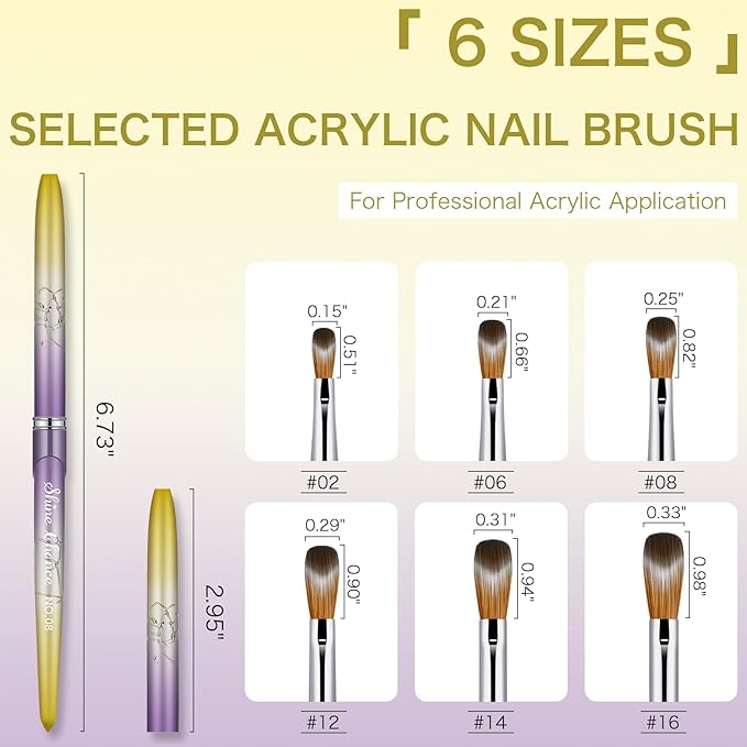 Shine Chance 6Pcs Kolinsky Acrylic Nail Brushes Set, Oval Crimped, Yellow