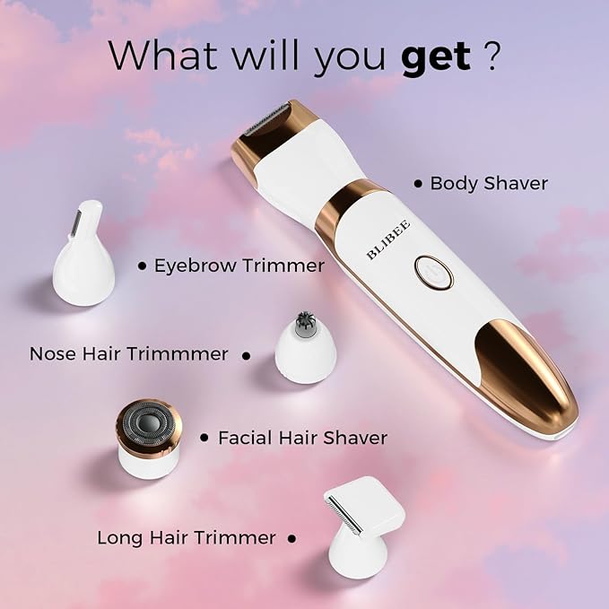 BLIBEE Bikini Trimmer for Women, LED Display Electric Razors for Women, 5-in-1 Electric Shaver, Rechargeable Painless Pubic Hair Trimmer for Legs, Underarms, Face & Sensitive Skin (Gold)