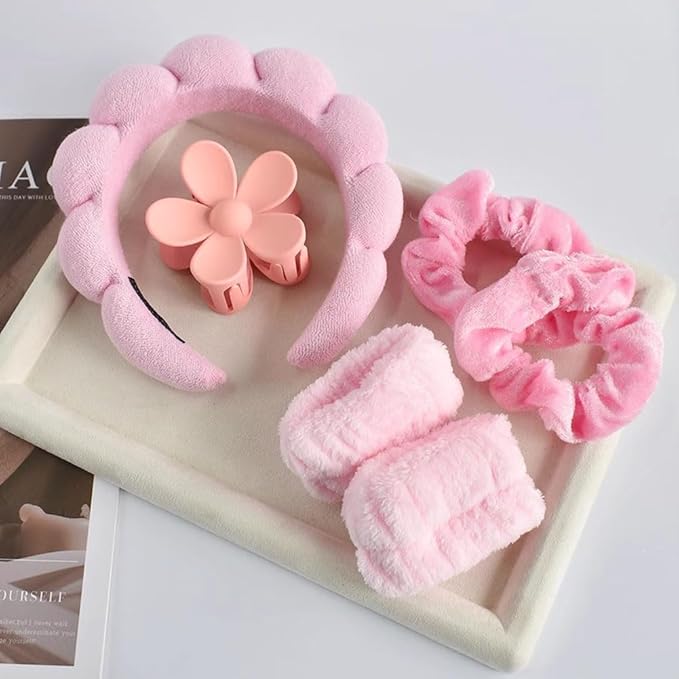 BluOcnMkt 6PCS Skincare Headbands for Women Pink Spa Makeup Headband Set, Large Flower Hair Clip, Velvet Elastic Hair Scrunchies