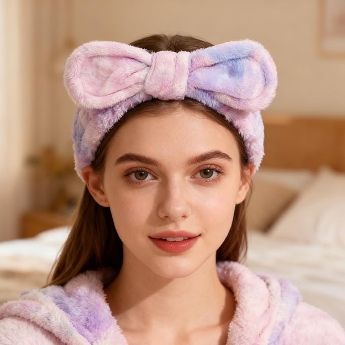 PERFECTSIGHT Kawaii Headband for Spa, Makeup, Washing Face, Party - 2 Pack Cute Bow Hair Band for Shower Beauty Skincare, Soft Facial Headbands for Girls and Women, Rainbow