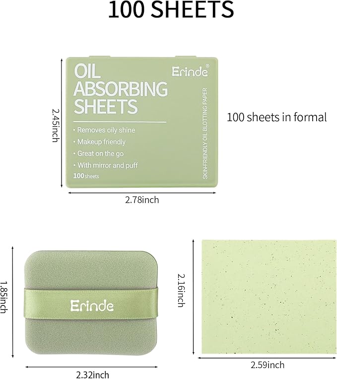 Erinde Oil Blotting Sheets for Face with Mirror and Puff, 100 Sheets Oil Blotting Paper for Oily Skin, Face Oil Absorbing Sheet, Natural Oil Control Film, Absorb Excess Oil, Makeup Friendly