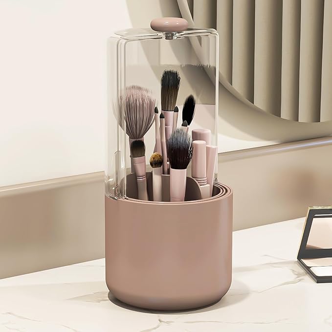 Zufudo Makeup Brush Holder with Dustproof Cover, Clear 360 Rotating Make Up Brushes Organizer for Counter Vanity Bathroom, Pink