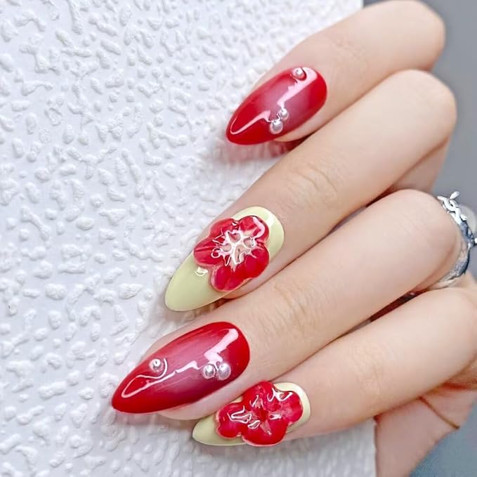 Small size MAGLFELL Women Press On Nails - 3D Almond Handmade 10Pcs Unique Fake Nails, Artistic Design, Thick Acrylic and Muti-Layer Gel False Nails-S size