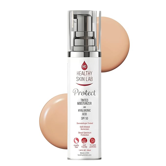 Healthy Skin Lab Protect Tinted Moisturizer & Mineral Sunscreen SPF 50, Sheer Universal Tint, Lightweight Coverage, Broad Spectrum UV Protection + Hyaluronic Acid, Dermatologist Tested, 1.8 oz