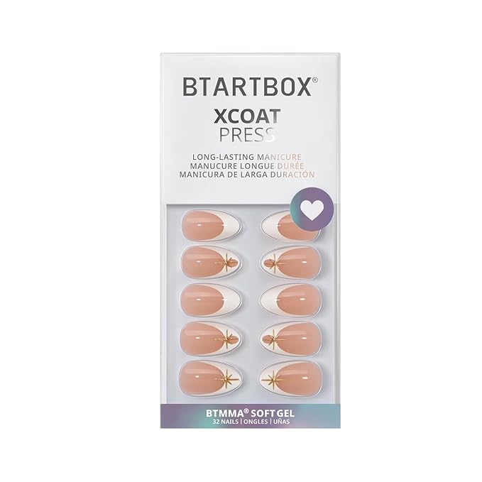 BTArtbox Press On Nails Short - Starlight Frost, 3D Gold French Tip Press On Nails with Glue and Adhesive Tabs for Women in 16 Sizes - 32 Soft Gel Glue On Nails Kit