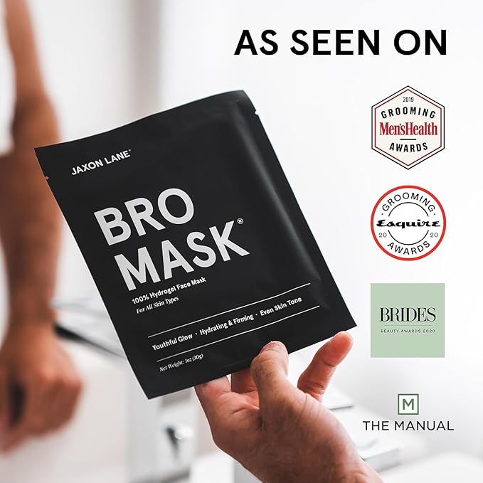 JAXON LANE BRO MASK Premium Korean Face Mask for Men (4 Pack) - Anti Aging Sheet Masks w/Hydrogel, Vitamin C, Hydrolyzed Collagen, & Hyaluronic Acid - Perfect Skin Care Stocking Stuffers for Men