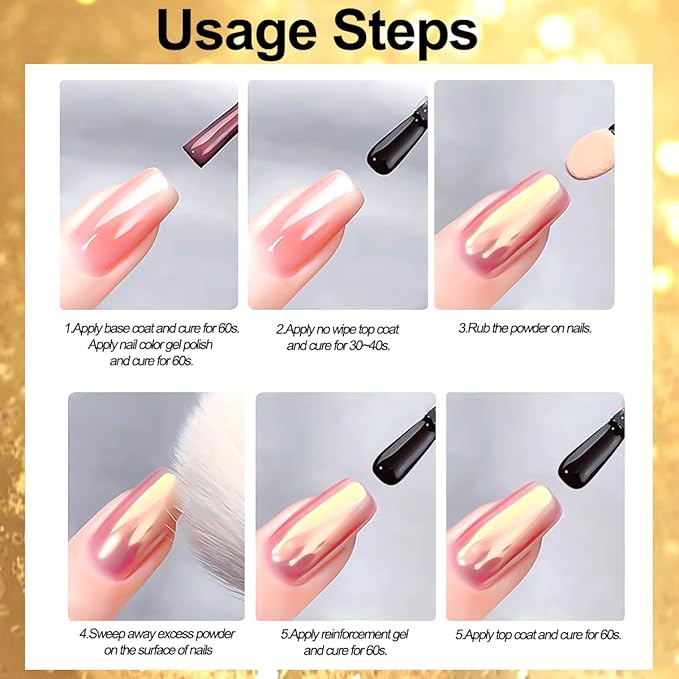 6 Colors Chrome Nail Powder,Gold Silver Super Metallic Effect Chrome Powder for Nails,Holographic Mirror Glitter White Pearl Pigment Dust Kit for Gel Polish Nail Art Decoration Manicure Nail Supplies