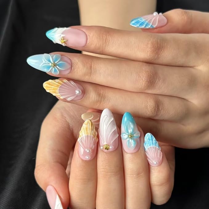 MAGLFELL Press On Nails - Medium Almond Handmade Unique Fake Nails, Salon Nails, Durable Acrylic and Muti-Layer Gel Nails Reusable 3D Fake Nails M size