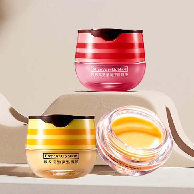 Lip Balm, Vitamin E Moisturizing Propolis Sleeping Mask, Effective Reduces Lines, Prevention of Dry and Cracked Lips Nourishing Dry Lip Care (2 Packs Strawberry & 2 Packs Honey, 1.9Oz)