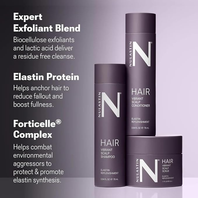 NULASTIN Vibrant Scalp Travel Kit - Hair Shampoo (2.54 Fl Oz), Conditioner (2.54 Fl Oz) & Scalp Scrub (1.7 Fl Oz) for Fine Hair - Volumizing, Color‑Safe & Vegan Hair Set (3 Count)