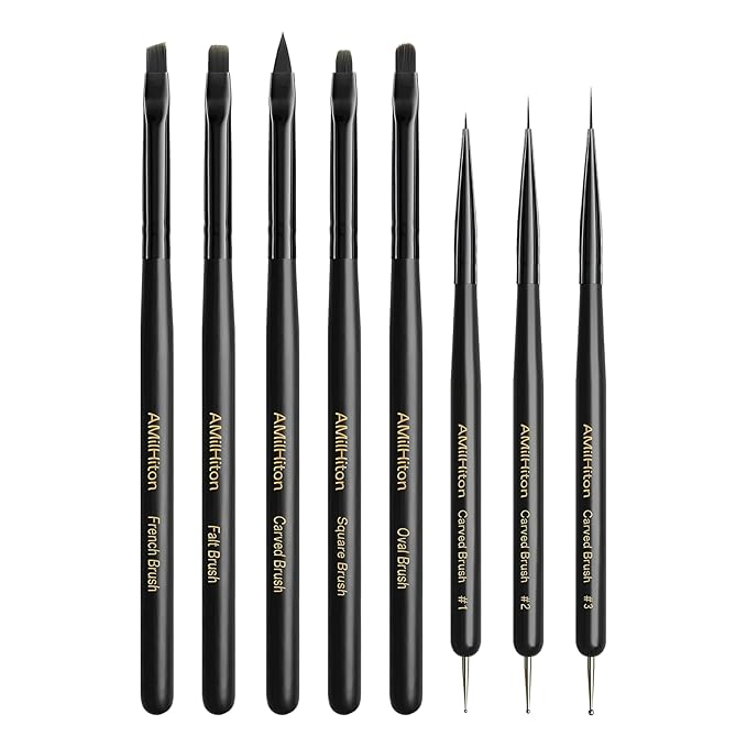 AMilHiTon 8PCS Nail Art Brush Set for Gel & Acrylic – French Tip, Flat, Oval & Carved Liner Brushes with Dotting Tools, Professional Builder Poly Gel Nail Design Kit