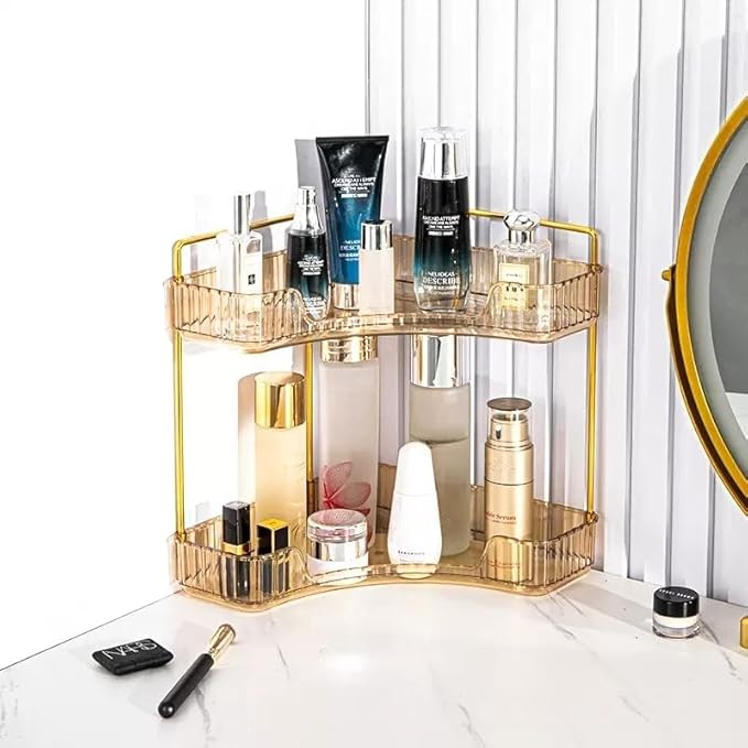 Corner Bathroom Counter Organizer, Vanity Trays for Bathroom, Skincare Makeup Organizer Shelf, Shelf Cosmetics, Toiletries, Lotions, Perfumes (2 Tiers, Amber)