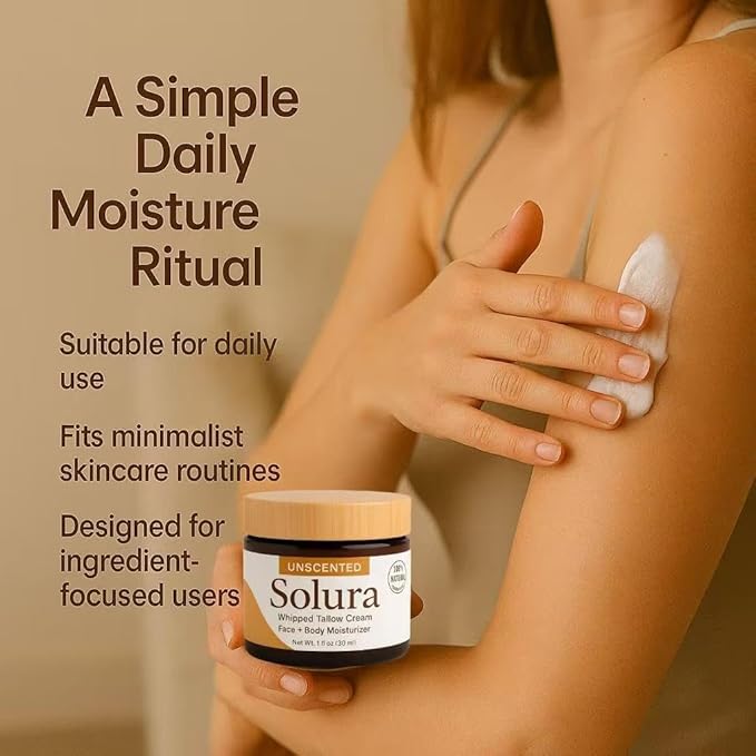 Solura Whipped Tallow Cream, with 100% Grass-Fed Organic Beef Tallow, Jojoba Oil & Vitamin E Oil for Face & Body, Pure Natural Moisturizing Cream, Deeply Moisturizes Dry Skin, Unscented - 30 ml (1)