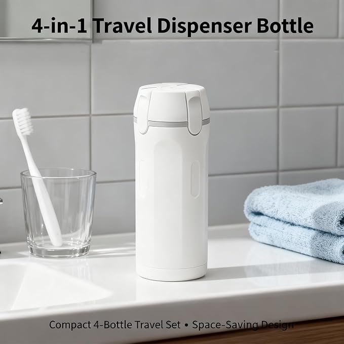 4 in 1 Travel Dispenser Bottle, 4 Pump Travel Bottle Set, 4 in 1 Leak Proof Travel Bottle Dispenser, with Measurement Scale & Label Stickers, for Toiletries (A+B)
